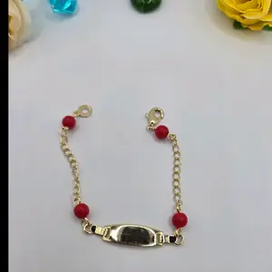 protection ID BRACELET red beads  color gold-plated 6"inches (kids)