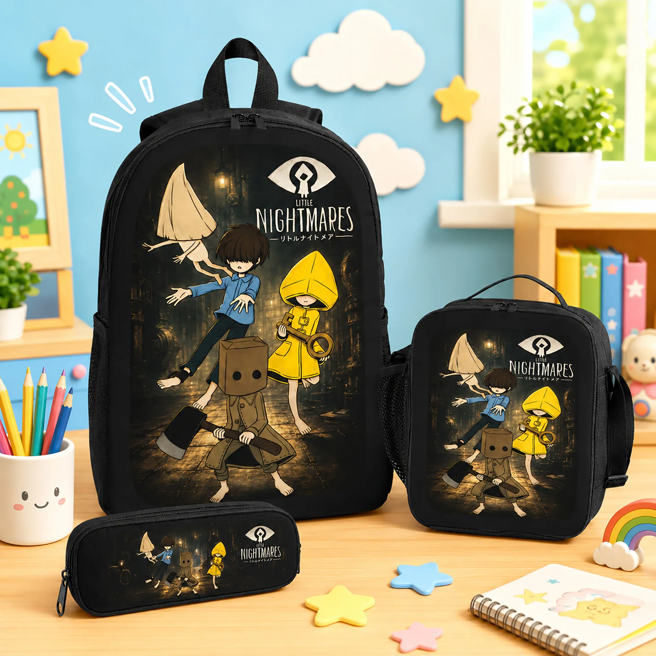 Little Nightmares 3 Piece Backpack Set Polyester Backpack Lunch Bag Pencil Case Large Capacity Lightweight Breathable Horror Game Anime Cartoon Bookbag Back To School Travel Daily Use For Kids Boys Girls Teens Students