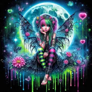 5D Diamond Painting Kit - Cyberpunk Gothic Fairy Under Full Moon, Neon Graffiti Style with Floral & Heart Accents, Full Round Drill Edgy Fantasy Mosaic Art, DIY Rhinestone Embroidery, Flower Embroidery for Teen Room Decor