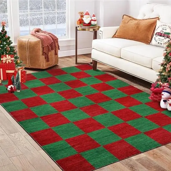 GAOMON Small Area Rugs 4x6 Machine Washable Area Carpet Christmas Themed Checkerboard Rug, Festive Decor for Living Room Bedroom Holiday Time Low Pile Non-Slip Carpet(Red Green)