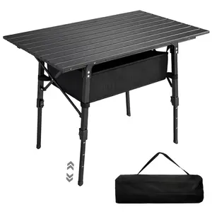 Outsunny 3ft Portable Camping Table with Storage Bag, Adjustable Height Aluminum Small Folding Table, Lightweight Picnic Table with Carry Bag for Outdoor Picnic BBQ Backyards Beach