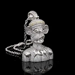Personality hip hop new big-eared grin monkey cartoon pendant men full of zircon necklace accessories