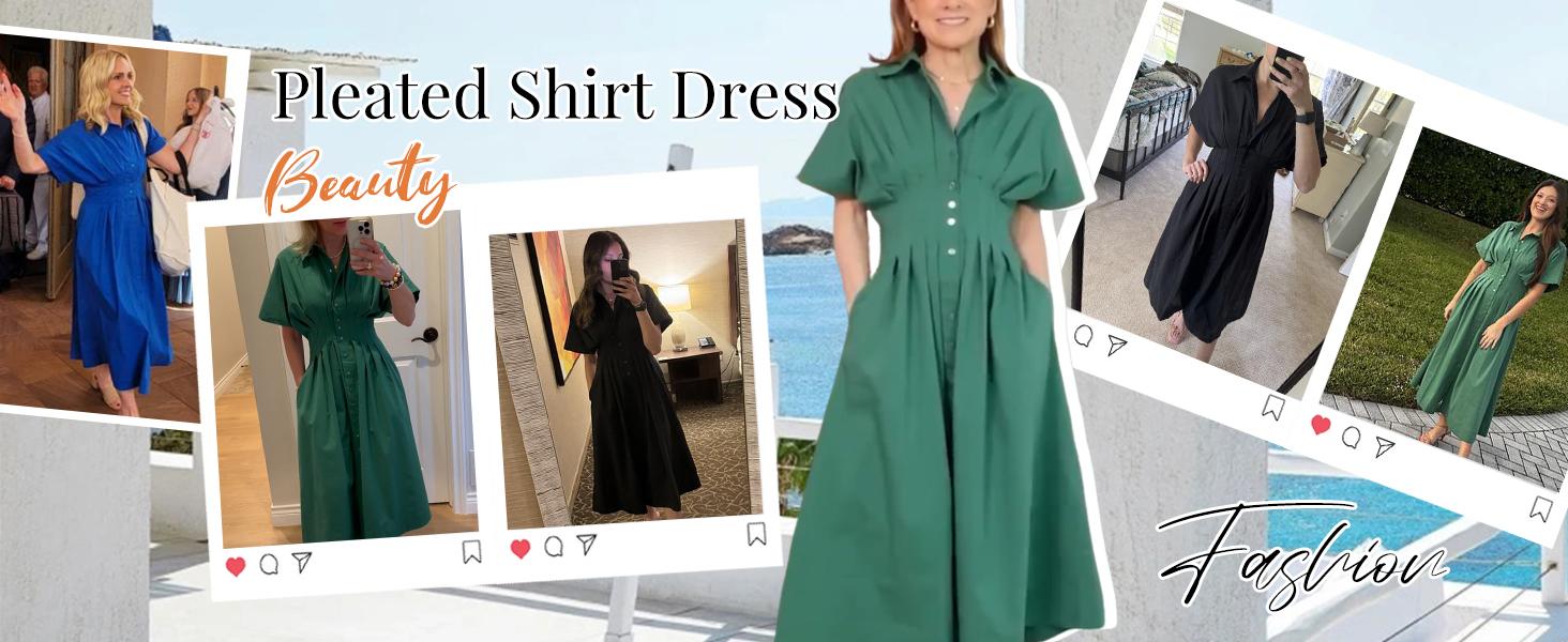 Yeokou Women's Button-Down Shirt Dress - Short-Sleeve, Loose, Pleated Maxi Sundress with Pockets, Basic Casual Wear for Summer, Women's Clothes