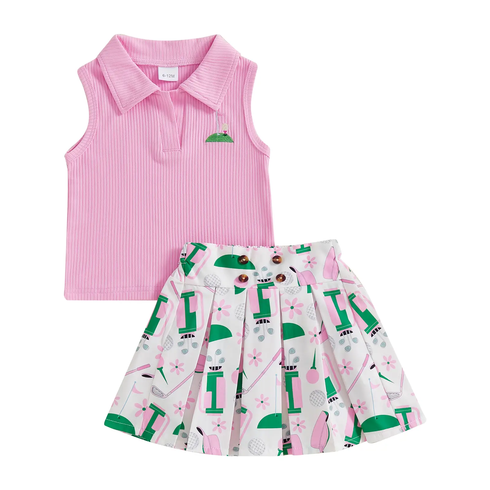 Kids Toddler Baby Girl Golf Outfit Golf Print Polo Shirt Sleeveless Tank Top Pleated A-Line Mini Skirt Set Cute Girls Summer Clothes