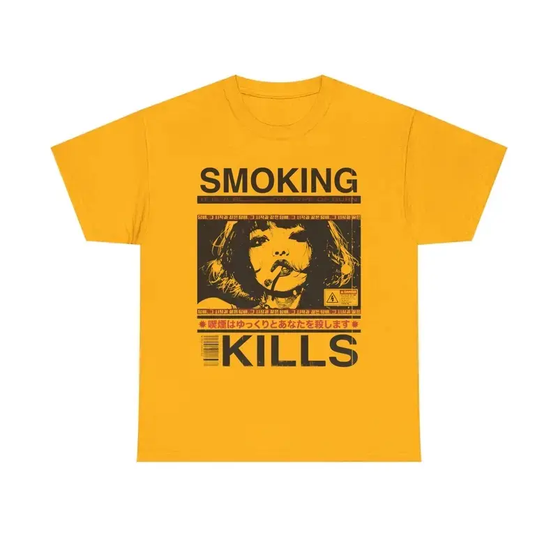 Smoking Kills Retro Manga Style Cotton T-Shirt, Y2K Grunge Streetwear Graphic Tee