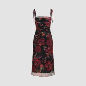 Cider [3 colors, size 0-26] Square Neck Floral Knotted Midi Dress