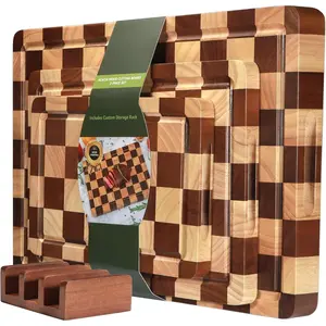 Checkerboard  Board 3-PC Set, Solid Wooden Chopping Board, Acacia   Board for Kitchen with Holder with Deep Juice Grooves & Built-in Handles, for Meat, Vegetables and Fruits