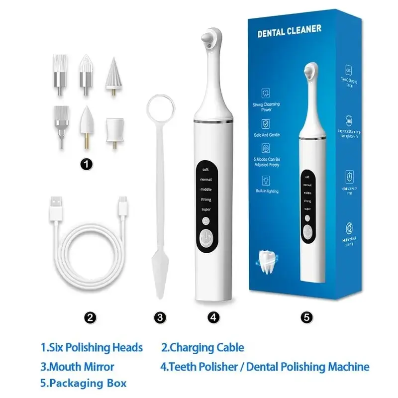 Electric toothbrush, dental calculus remover, plaque remover, rechargeable toothbrush, wireless teeth cleaner, 5-speed adjustable, 6 replacement brush heads, LED light, multi-functional oral care tool, teeth cleaning machine
