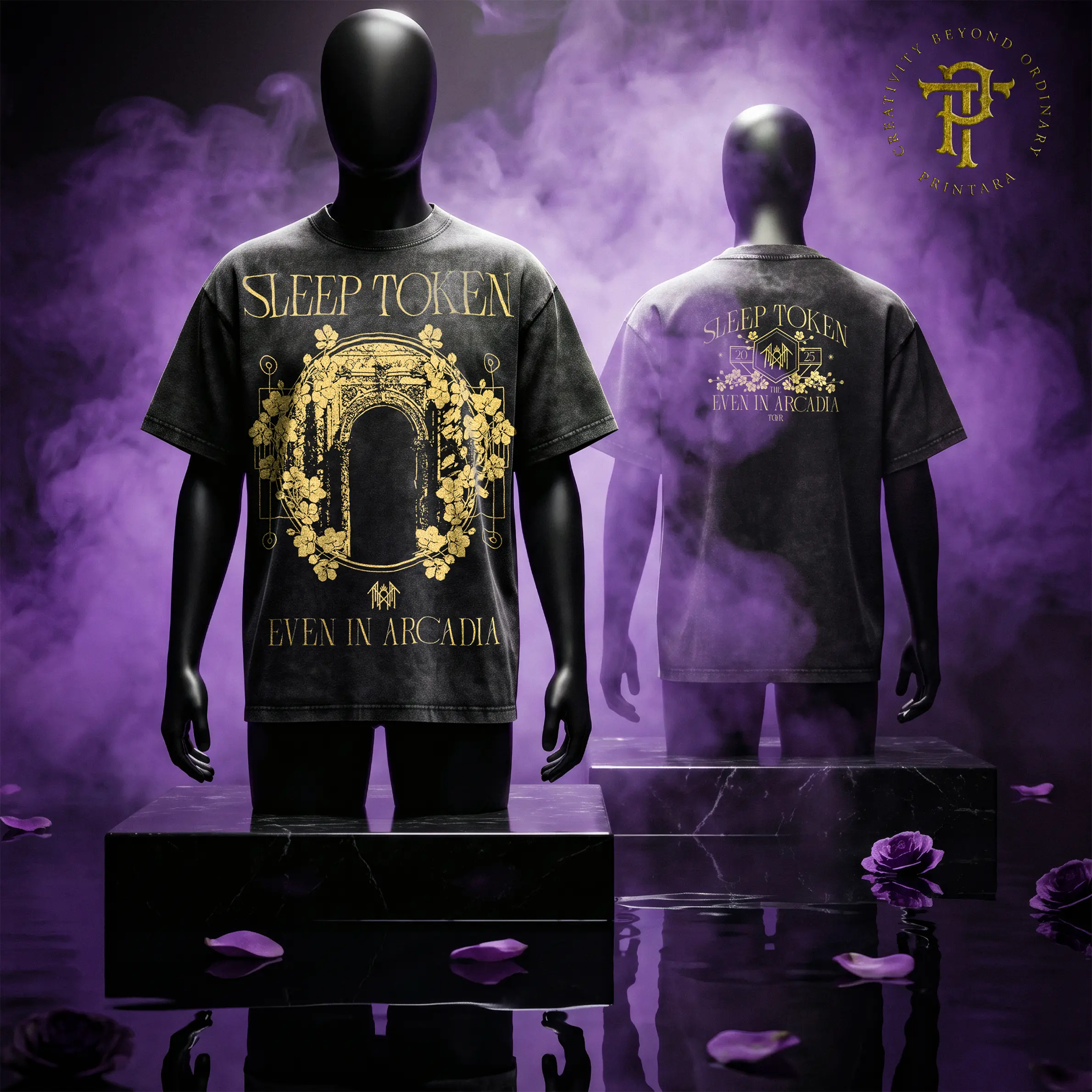 Sleep Token Even in Arcadia Tour Graphic Tee, Men's Cotton Oversized Round Neck Soft T-Shirt, Alternative Rock Band Merch, Gold Aesthetic Streetwear, All Seasons Relaxed Fit Seamless Gift for Music Fans, Cold Wash, Reinforced Tape