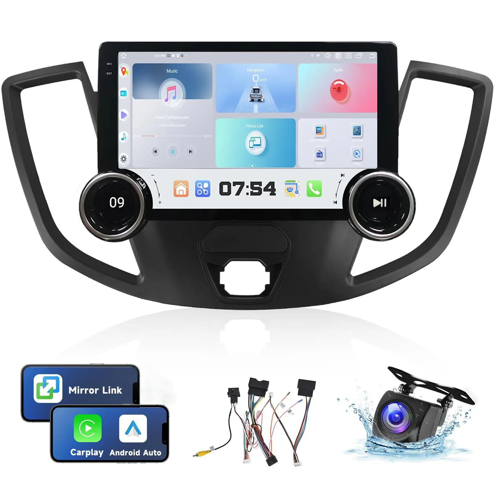 10.1" Double Din Touchscreen Double Knobs Car Stereo for Ford Transit 2015-2018, Android 13.0 Wireless Carplay Player with 2GB RAM+64GB Storage, GPS Navigation, WiFi, Bluetooth, SWC, FM, Voice Control, 170° Wide View Waterproof Night Vision Backup Camera,