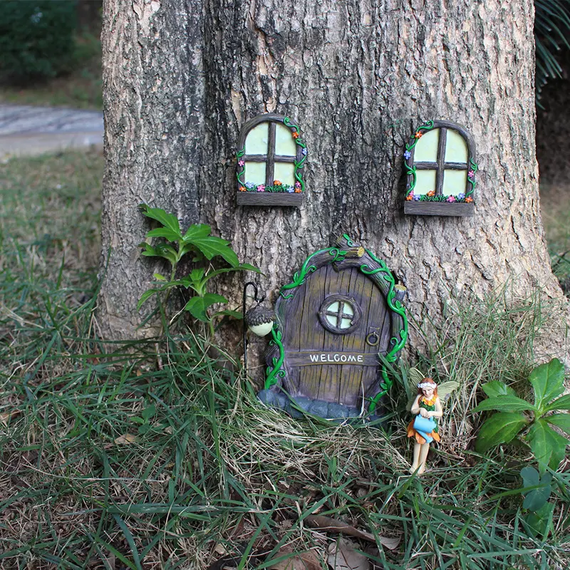 3‑Piece Fairy Garden Resin Decor Accessories, Miniature Fairy Garden Supplies, Luminous Fairy Door and Window Wall Hangings for Tree Stump Decoration, Outdoor Fairy Garden Decor, No Electricity Required