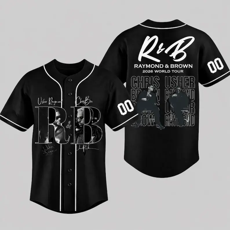 RnB Raymond Brown 2026 World Tour Black Baseball Jersey, Music Fan Short Sleeve Button Down Shirt, Vintage Star Graphic Hip Hop Concert Outfits Men Women