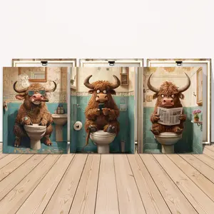 3 Counts Wooden Framed Canvas Painting, Funny Highland Cow Bathroom Art Images, Exquisite Poster, Perfect Living Room Decoration, Modern Art, Fashion Family Poster, Wall Art Decoration, Waterproof Art, Modern Home Decor