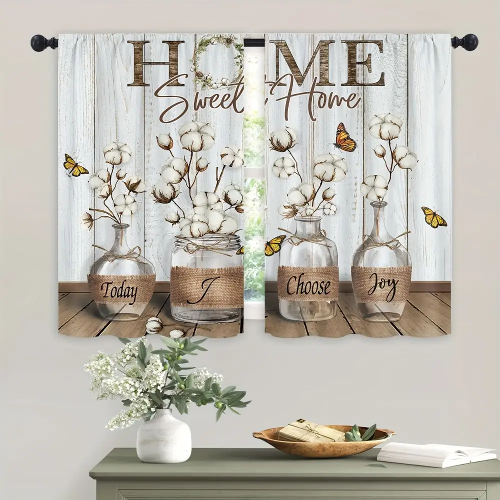 2pcs Rustic Farmhouse Polyester Kitchen Curtains - Vintage Floral, Boho Botanical, Bold Pattern, Rod Pocket, Ruffle, Double Layer Darkening, Custom High Ceiling Drapes, Home Textile for Living Room Home Decoration