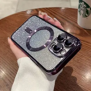For iPhone 17 Pro Max 17 Pro 17 16 Pro Max 16 Pro 15 14 13 Case Glitter Plated Magnetic MagSafe with Lens Film Soft Shockproof Protective Cover Wireless Charging Compatible