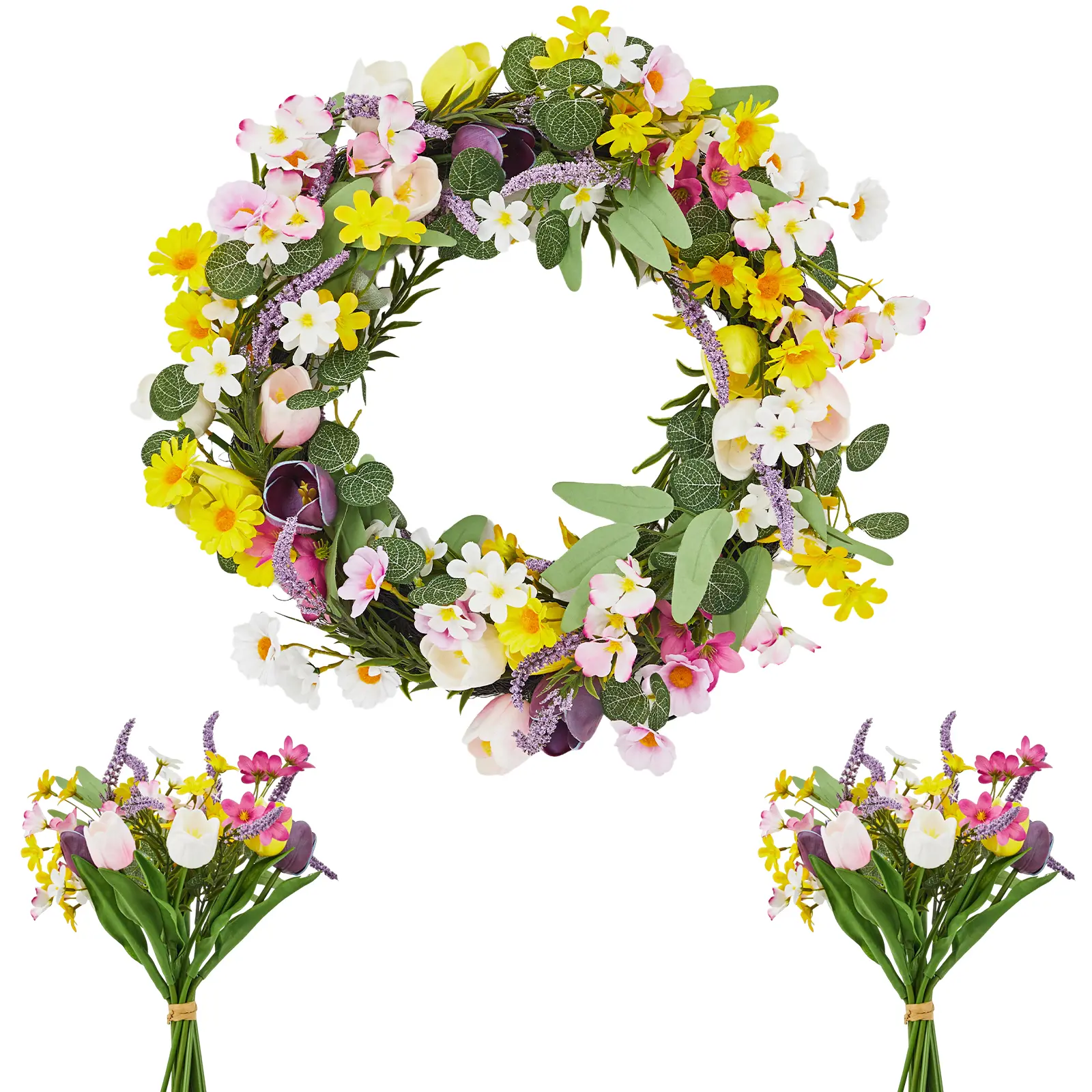 Vivid Spring Floral Wreath for Front Door – Artificial Tulips, Lavender & Lush Greenery – Real Rattan Base, Includes 2 Matching Bouquets – Elegant Home or Porch Decor, 18/22/24 Inch Options