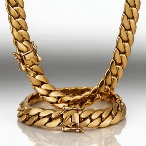 【2pcs Set】18K Vacuum-gold Plated Hip-hop Jewelry Miami Cuban Link Chain Necklace and Bracelet- Fashionable Accessory Valentines Gifts for GF Men Women Monaco Mexico & Micro chains unisex