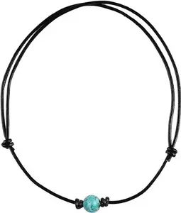 Turquoise Choker Necklace in Black Leather Cord for Women/Men