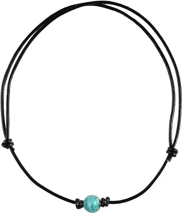 Turquoise Choker Necklace in Black Leather Cord for Women/Men