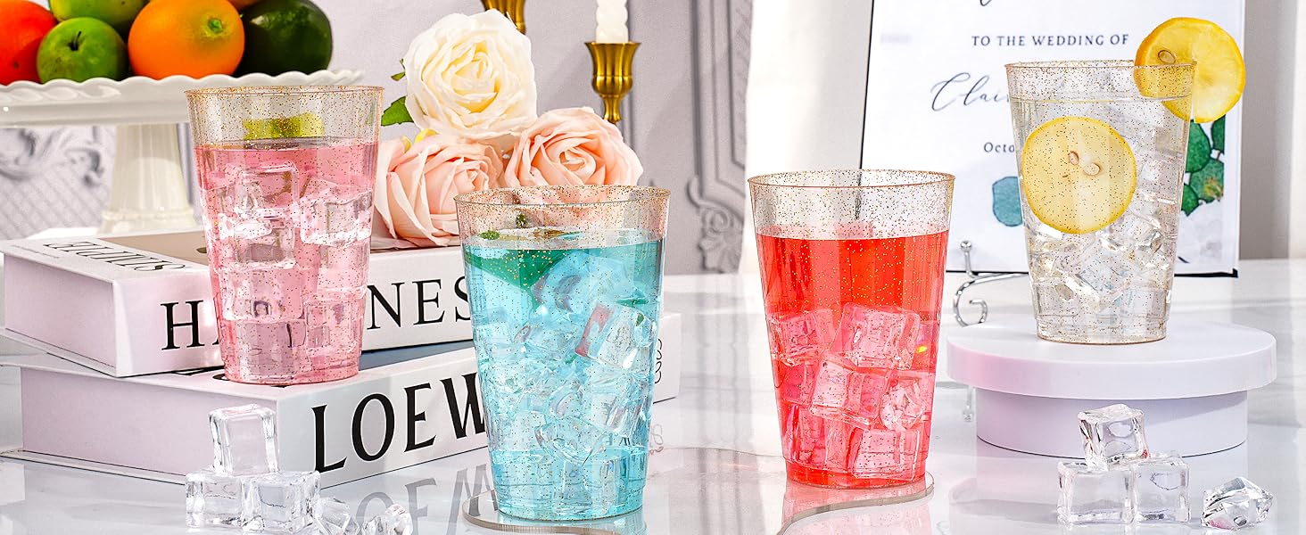 Assorted Sizes 9oz-14oz Gold Glitter Plastic Cups 50 PCS, Disposable Glitter Cups, Elegant Plastic Cocktail Glasses, Fancy Party Cups for Wedding, Birthday, Holiday