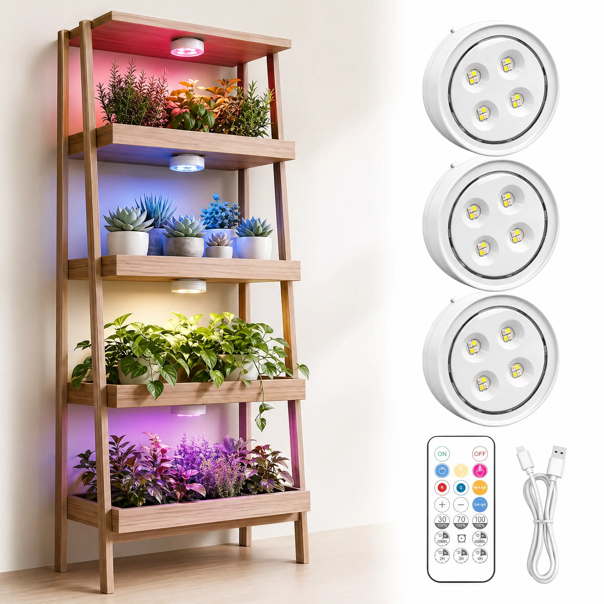 3 Pack Rechargeable Grow Light for Indoor Plants, 2000mAh Long Runtime | Cordless Magnetic Plant Lights with Full Spectrum Modes, Timer, Remote and Dimming for Succulents, Herbs and Small Foliage