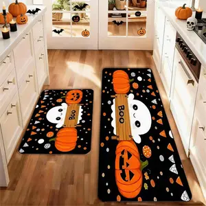 Set of 2 Halloween Pumpkin Ghost Kitchen Rug , Washable Non-Slip Low Height Floor Mats, Home Decor for Kitchen Laundry Room Hallway