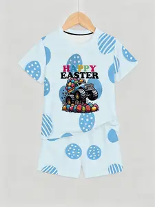 Easter Monster Car Egg Baby Boy Short Sleeve Shorts Set, Light Blue Cartoon Print, Casual Loose-Fitting Two-Piece for Spring Summer, Baby Boy Clothes