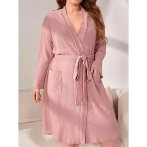 Plus Size Plain Textured Drop Shoulder Long Sleeve Belted Wrap Lounge Robe, Casual V Neck Pocket Pajama Robe, Women's Sleepwear for All Seasons