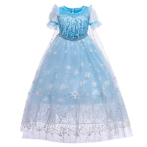 2-10Y Blue 1759 Cartoon Cosplay Costume Fancy Carnival Kids Clothes Performance Princess Theme Party Holiday Girls Sequins Print Mesh Trailing Skirt Ball Gown Children Cocktail Dress
