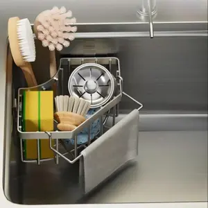 Stainless Steel Sink Caddy, 1 Count Sink Organizer with 2 Counts Adhesive Hook, Kitchen Sink Storage Rack, Kitchen Storage Organizer