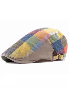 Unisex Lightweight Plaid Beret Hat with Adjustable Snap Closure - Vibrant Multicolor Patchwork Design for Outdoor Casual & Music Festivals, Spring Summer Fashion Cap