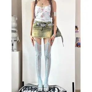 New Color Light Blue Suspender Pantyhose Spice Girls Dopamine Heart Jacquard Fishnet Stockings Japanese Y2k Lolita Garter Tights
