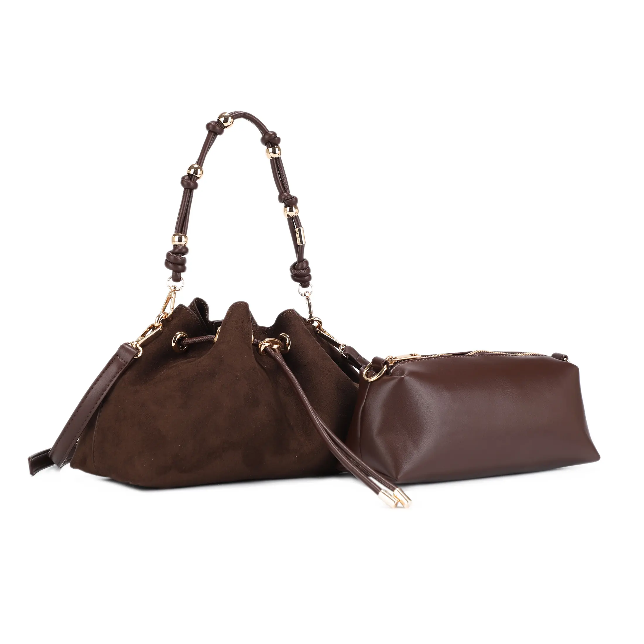 Eira Womens Suede Look Drawstring Shoulder Bag with Matching Pouch, Top Handle Crossbody Purse
