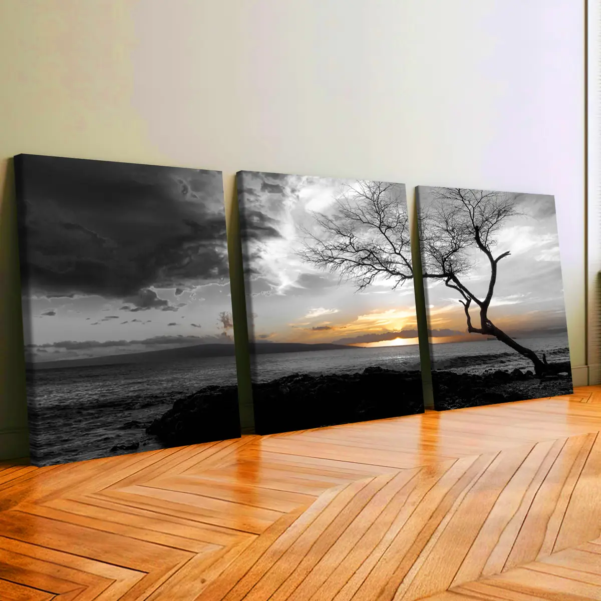 3Pcs Artistic Wooden-Framed Canvas Paintings - Black & White Sunset Ocean Tree Artwork, Waterproof Odorless Home Wall Decoration for Living Room, Bedroom