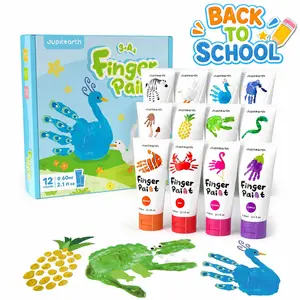 Jupitearth 27-Piece Toddler Finger Paint Toys Set - 12 Vibrant Non-Toxic Washable Baby-Safe Colors, Ages 1-3, Includes Apron, Brush, Palette, Eye Stickers, Durable Portable, Ideal for Early Learning, Beige Star