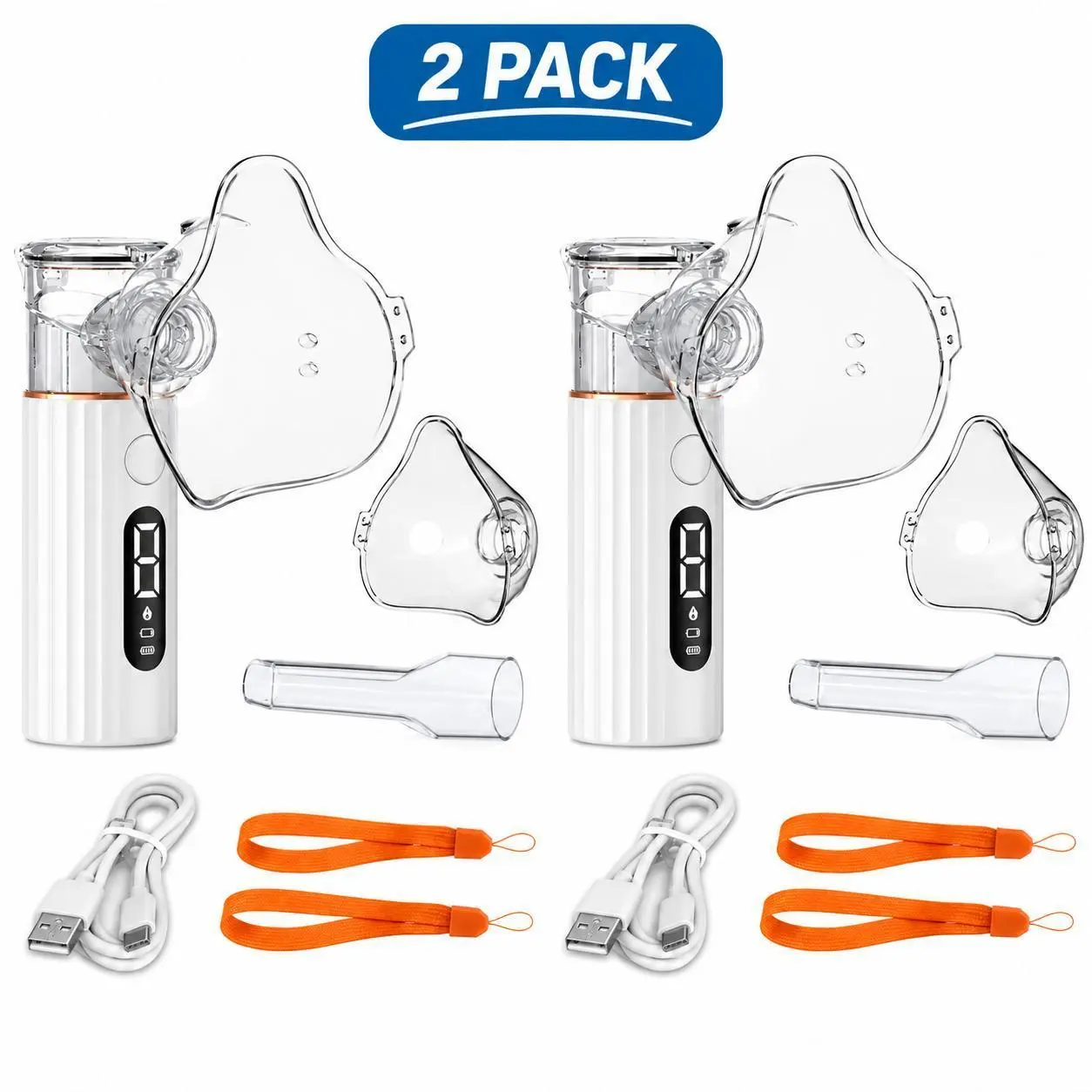 2-Pack Nebulizer for Personal Use, Lithium Battery Powered with Digital Display, Mesh Design, Includes Large Mask, Small Mask, Mouthpiece & USB Charging Cable, Cordless Design for Home, Office & Travel