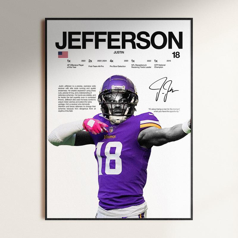 Justin Jefferson Poster, Wall Print, Football , Poster Print, Sports Decor, Minnesota Poster, Football Gift, Poster Gifts, Gift For Fan - Unframed
