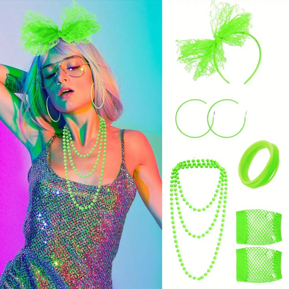 1 SET 80s Accessories for Women Costume Lace Headband Earrings Fishnet Gloves Necklace Bracelet for 80's Party