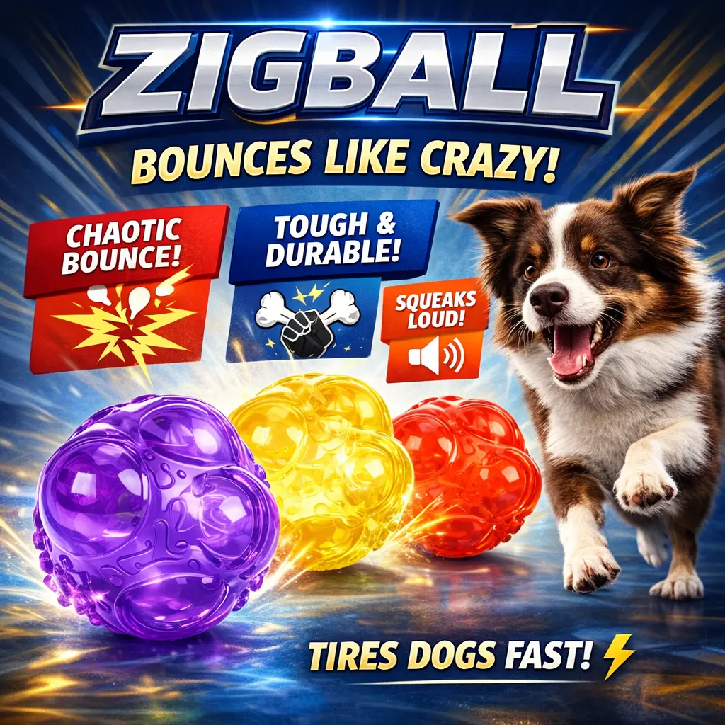 ZIGBALL Bouncy Dog Ball – Crazy Erratic Bounce Interactive Toy with Chaotic Bounce Tough & Durable Squeaks Loud Tires Dogs Fast