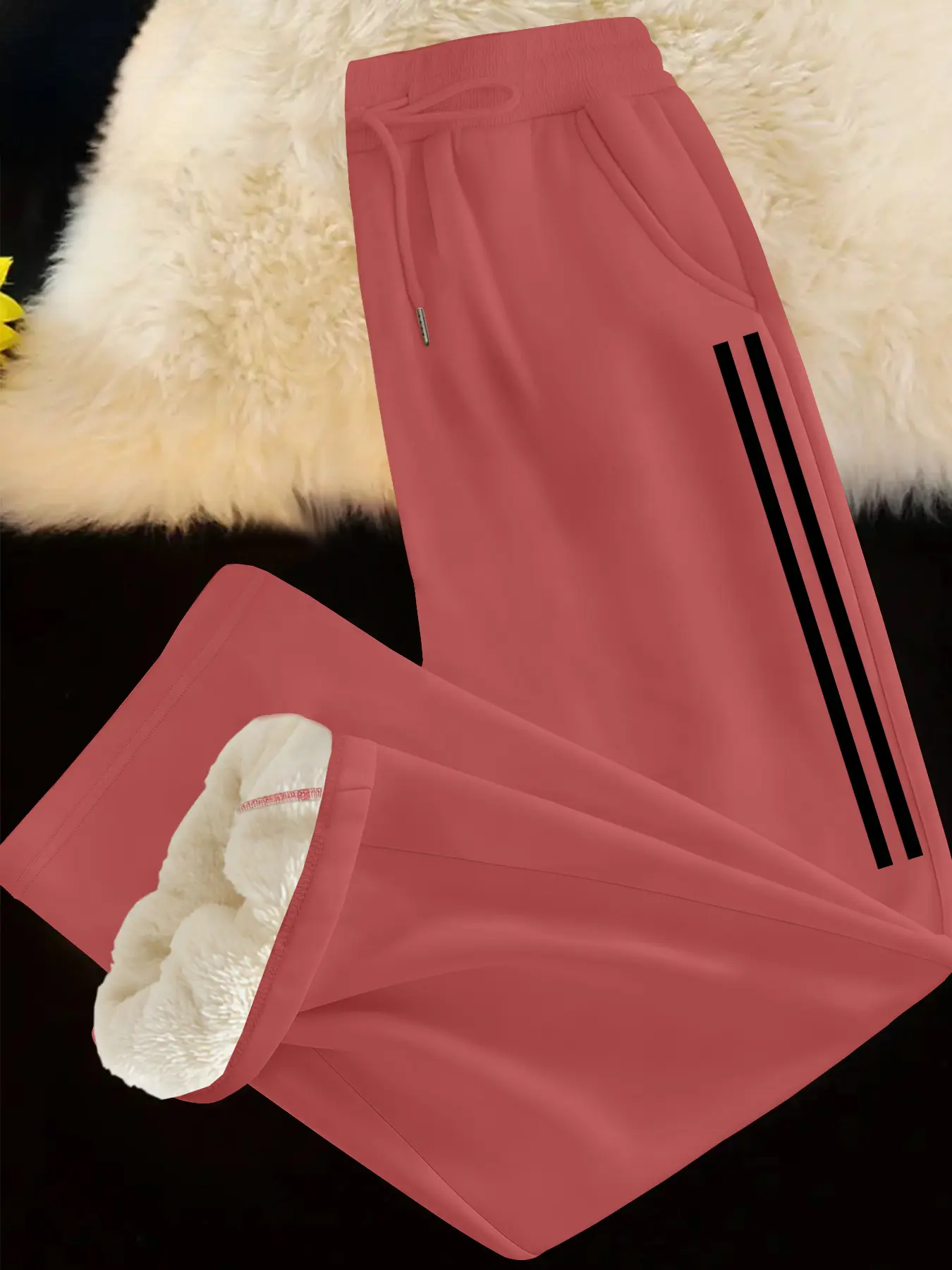 Women's Fleece Lined Straight Leg Fit Pants, Adjustable Drawstring Waist, Plain Pattern, Warm Winter Trousers, Casual Long Pants for Fall & Winter, Bottom, Womenswear, Casual Fashion Trousers