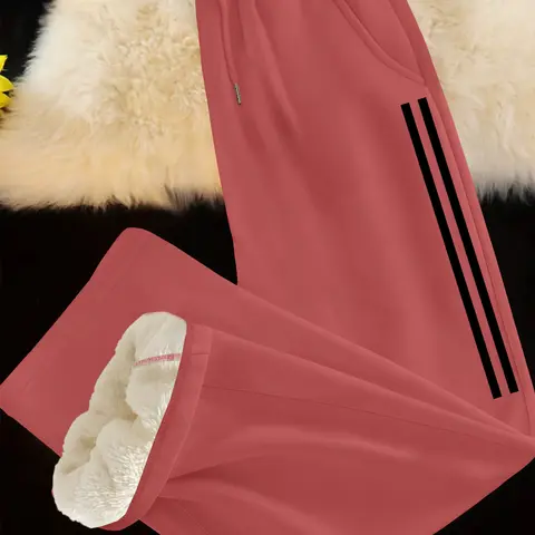 Women's Fleece Lined Straight Leg Fit Pants, Adjustable Drawstring Waist, Warm and Casual Long Bottoms for Fall & Winter, Fashion Trousers, Womenswear, Knit Trousers