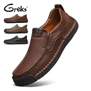 GREKS Men's Slip-On Loafers Lightweight Flexible Hand-Stitched Black Brown Khaki Multi-Color Versatile