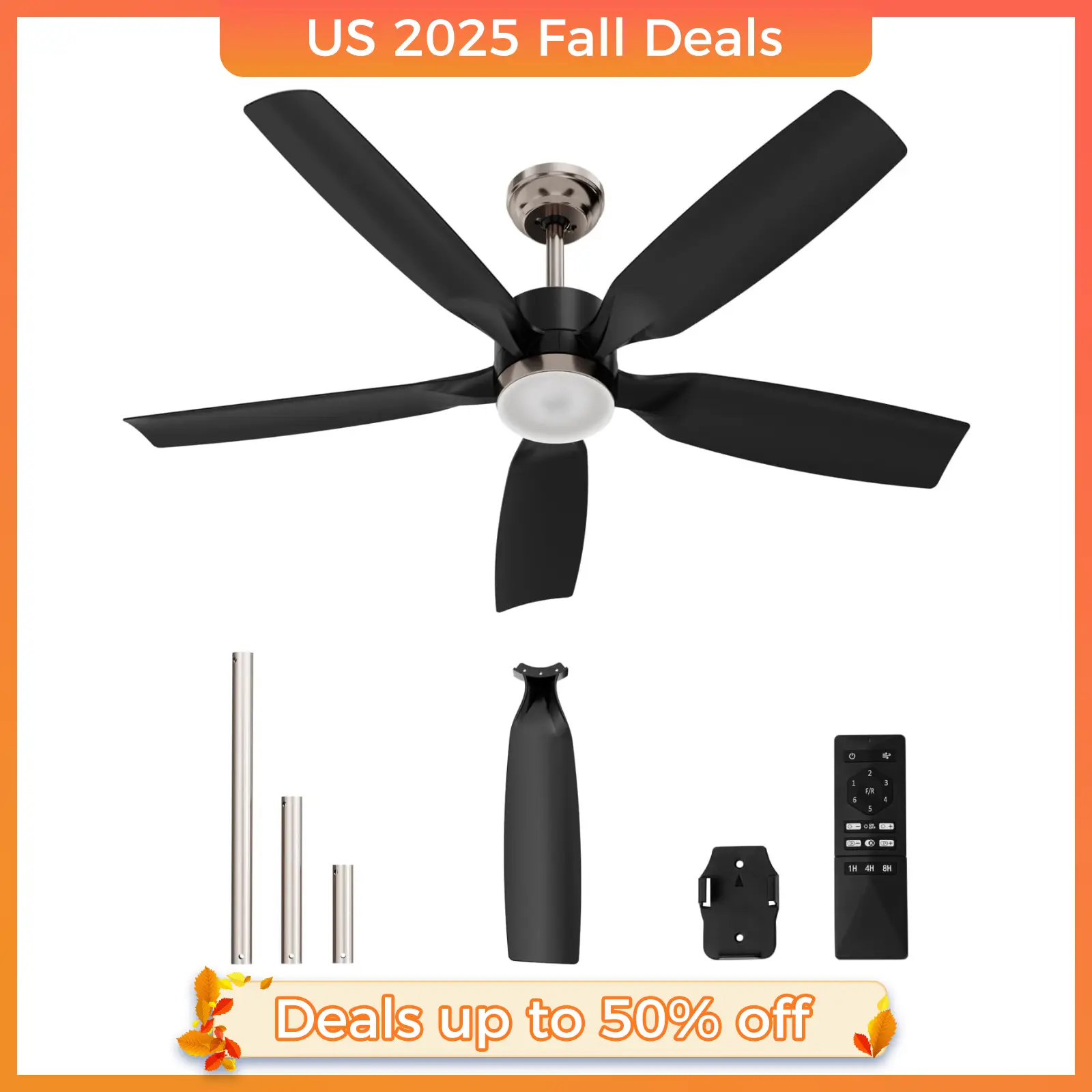 Ceiling Fans, 52 inch Low Profile Ceiling Fan with Light and Remote Control, Flush Mount, Reversible, 1-8h Timer, Dimmable, Noiseless, Black Ceiling F