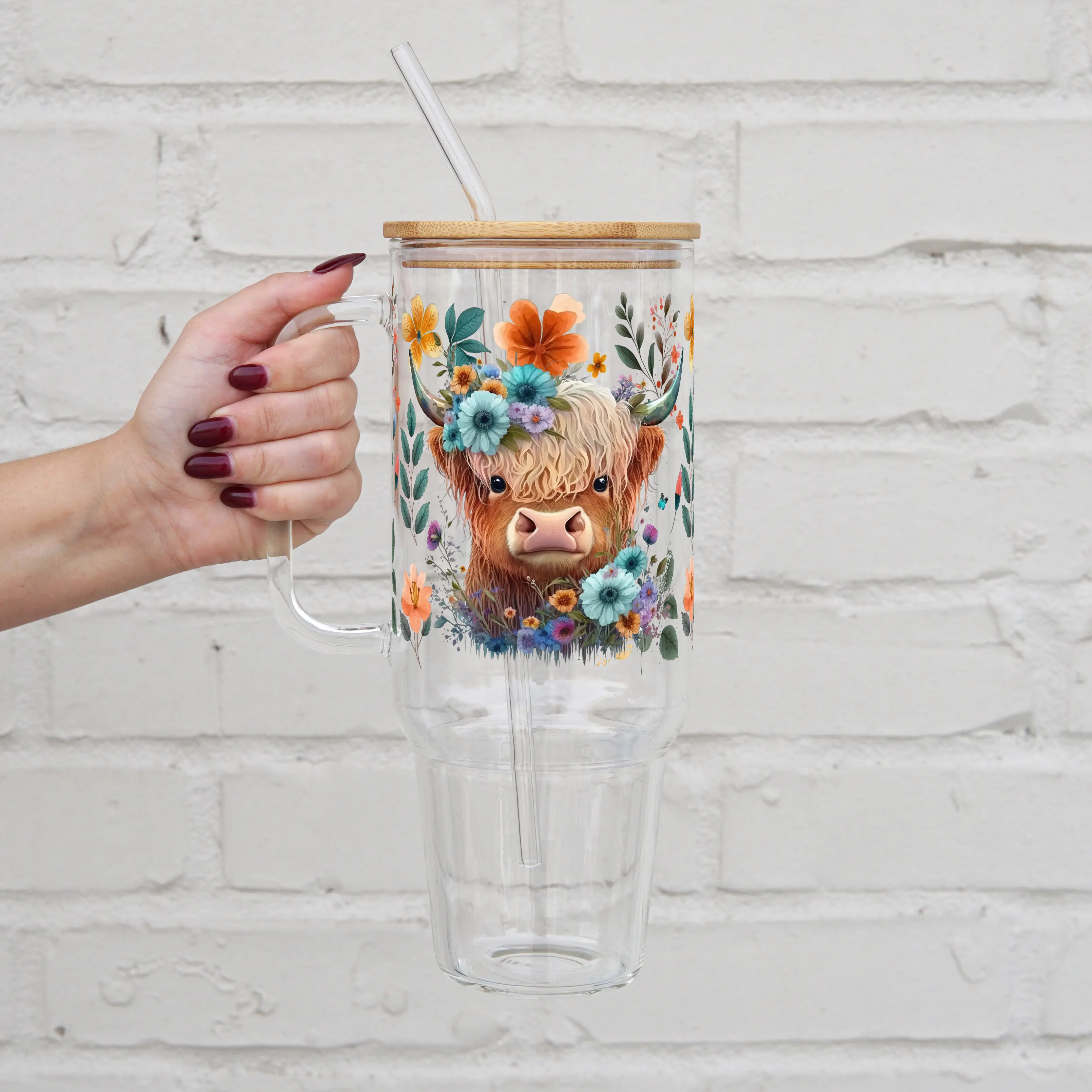 Floral Highland Cow 40oz Glass Tumbler with Lid and Straw, Iced Coffee Drinkware, Gift for Her, Acrylic Tumbler, water bottle for women, highland cow gifts, Cup, Mug, Multicolor