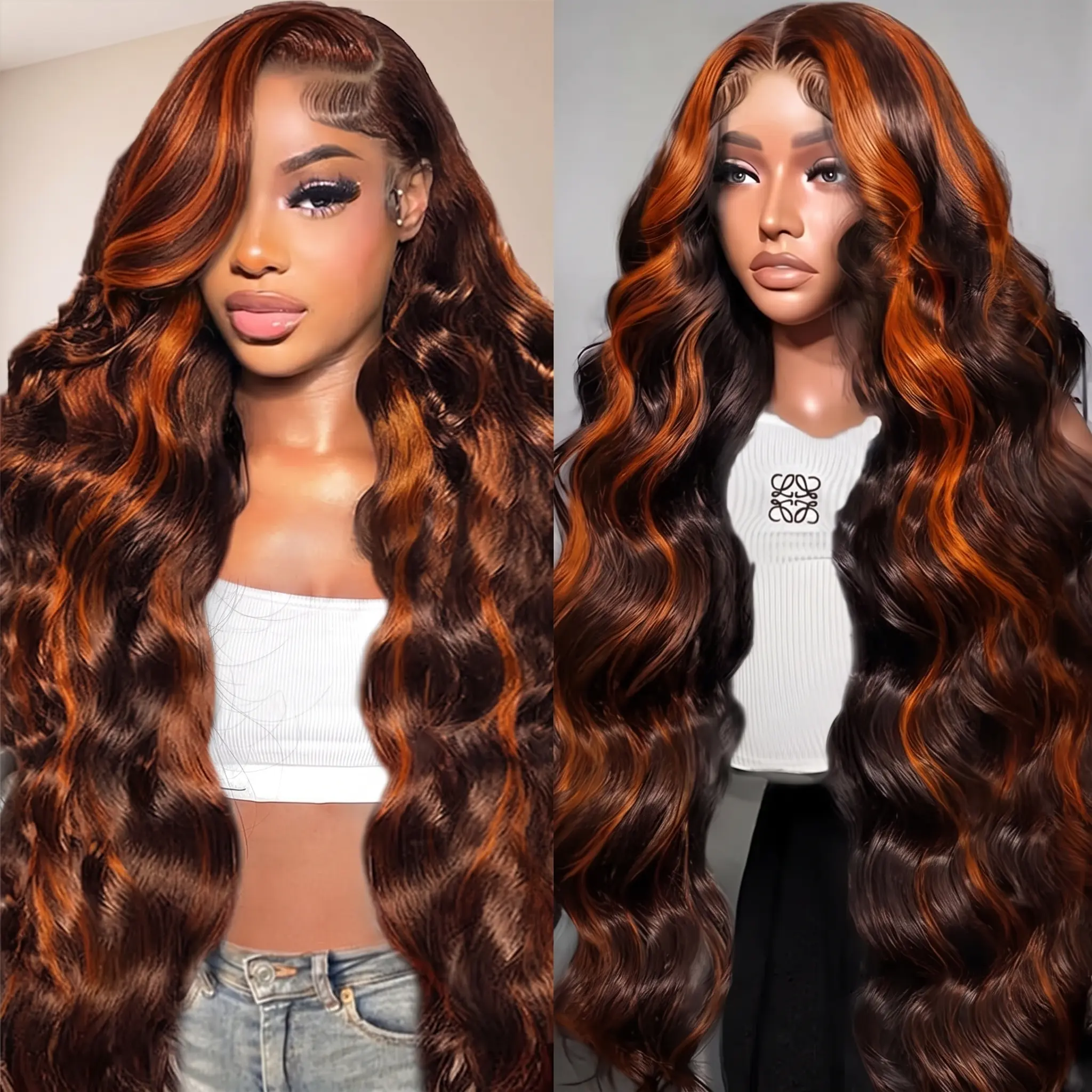 4/350# Highlight Wig Human Hair 13x6 Body Wave Ginger Orange and Brown Colored Lace Frontal Wigs Human Hair 180% Density Pre Plucked With Baby Hair HD Transparent Lace Glueless Colored Wig Human Hair 28 Inch