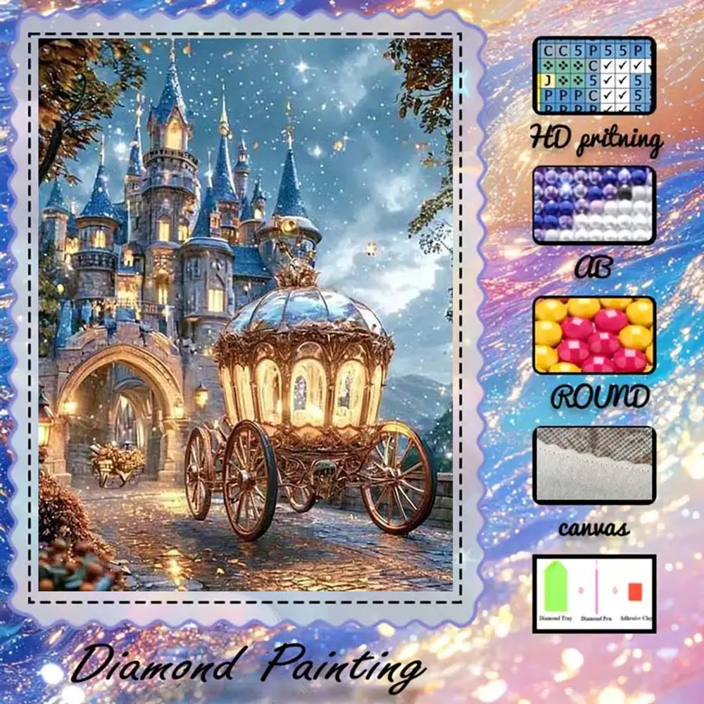 DIY 5D Flocking Diamond Painting Kit, AB Drills, Fairy Dust Drills, Crystal Drills, Castle, Carriage, Star Shine Diamond Embroidery, Special Craft Diamond Art Kit, Wall Decor, Gift for Family, Loved Ones, Friends, Handmade Gifts