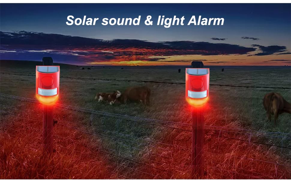 2 Pack 129dB Solar Motion Sensor Alarm Outdoor Security Light with 6 LED Red Flashing Strobe, Waterproof Wireless PIR Siren, 4 Modes, USB Rechargeable Security Alarm System for Farm, Orchard, Garage, Courtyard and Home