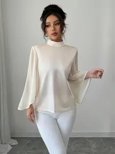 Women's Solid Color Satin & Satin Splice Blouse, Elegant French Style Long Sleeve Turtleneck Top for Daily Wear, Ladies Clothes for All Seasons, Shirts