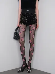 Japanese Retro Sexy Large Rose Pattern Jacquard Tights, Women's Embroidered Faux Fur Underneath Stockings, Fitted Design