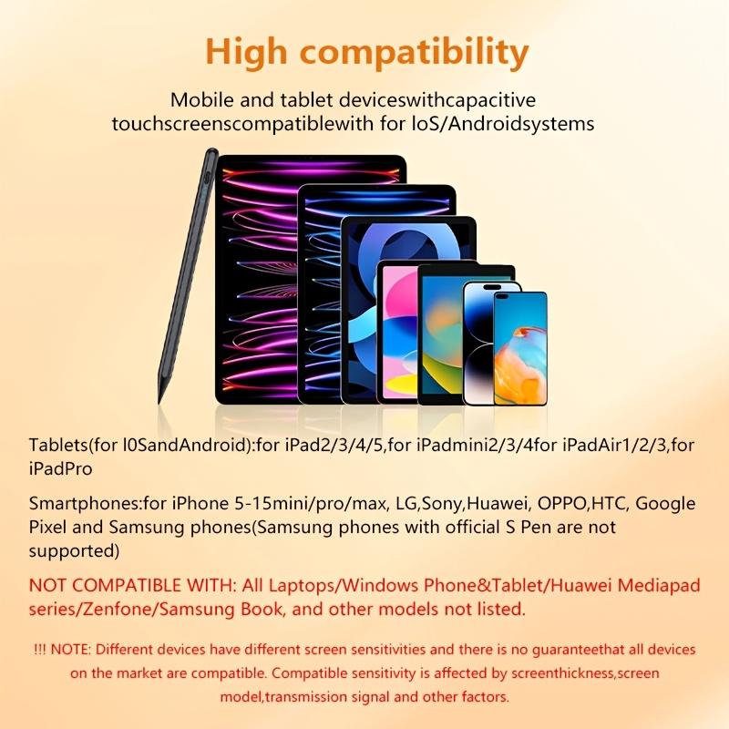Universal capacitive stylus pen, suitable for smartphones and iPad touchscreens. Rechargeable handwriting pen, compatible with iPad Pro/Air/Mini/tablet drawing phones. Works with most phone models, fast charging, ready to use with double-tap to power on.